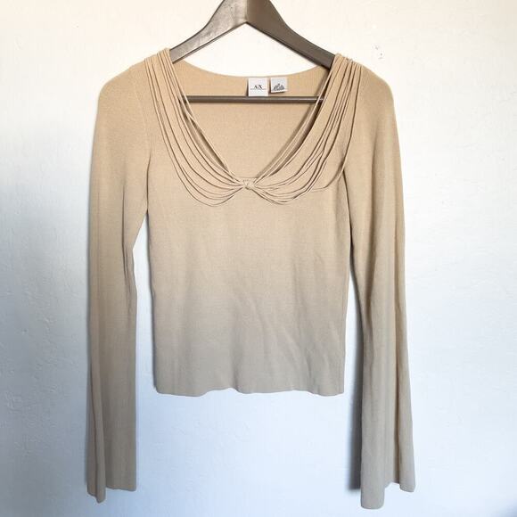 Armani Exchange Knit Sweater Top String Drape Knot Long Sleeves Medium Beige Tan - Picture 1 of 5